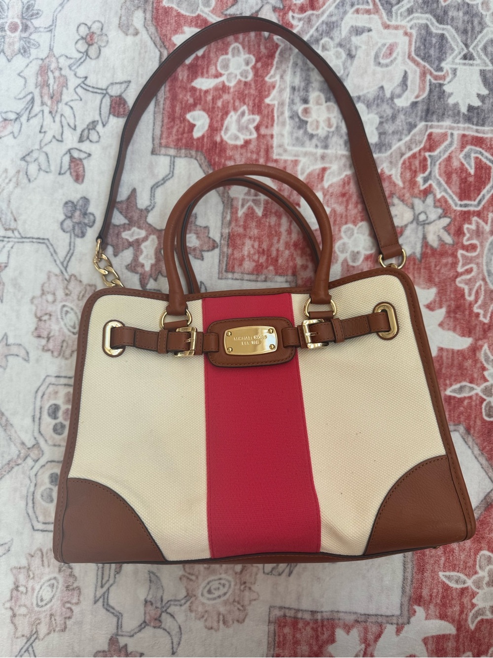 MICHAEL KORS Women’s Stripe Canvas Satchel Pursue cross bag - see images